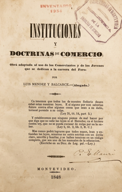 Portada de Instituciones y doctrinas de comercio de Luis Méndez y Balcarce