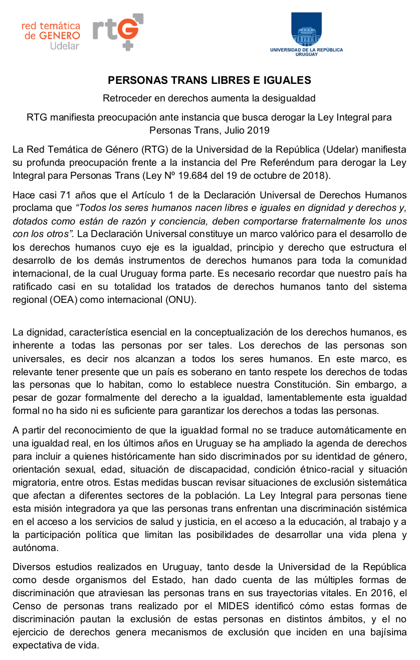 Declaración de la red temática de genero: "Personas Trans Libres e Iguales"