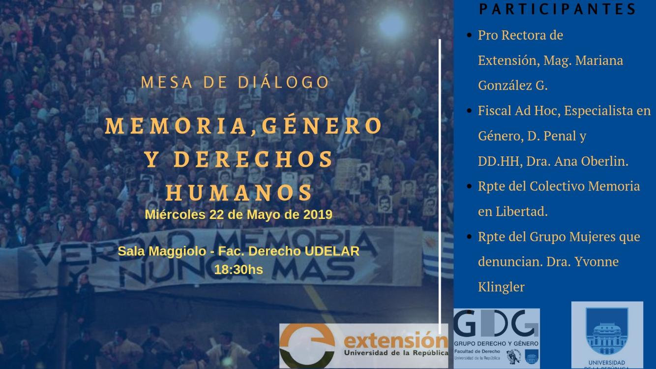 Memoria, Género y Derechos Humanos, Miércoles 22 de mayo de 2019, Sala Maggiolo de Facultad, a las 18:30 horas.