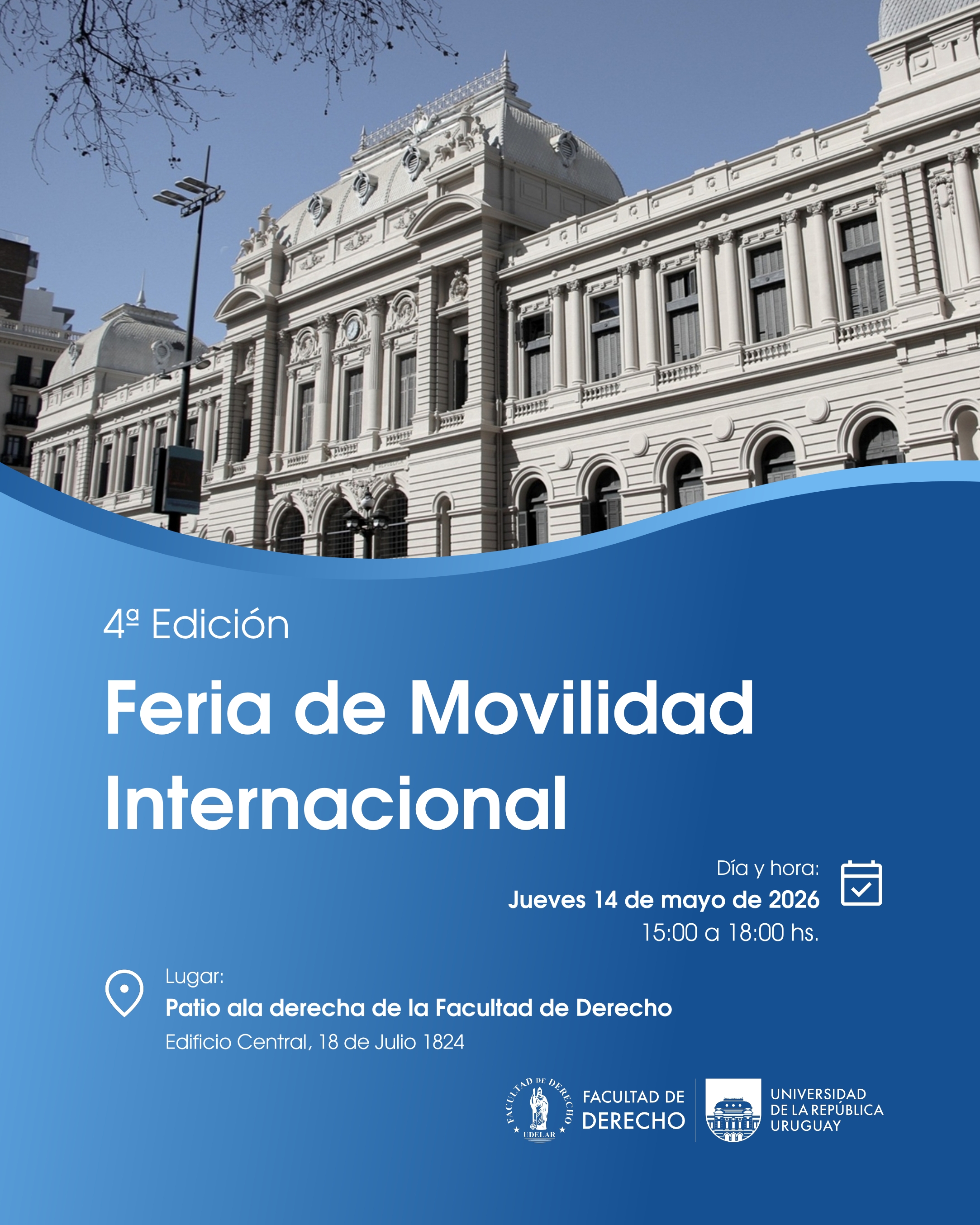 Afiche informando sobre la feria de movilidad. Será el 14 de mayo a las 15:00 hs en la Facultad de Derecho