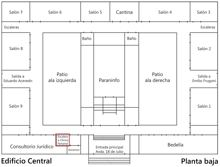 Plano de la planta baja del Edificio Central de Facultad de Derecho