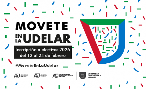 Imagen horizontal sobre fondo blanco. A la izquierda, en letras negras grandes, se lee “MOVETE en la UDELAR”. Debajo, un recuadro negro con texto blanco dice “Inscripción a electivas 2026 del 12 al 24 de febrero”. En la parte inferior izquierda aparece el hashtag #MoveteEnLaUdelar. 