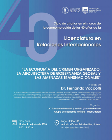 Flyer difusión charla La economía del crimen organizado. Salón 105, Aulario Mártires Estudiantiles. Av. Gonzalo Ramirez 1915