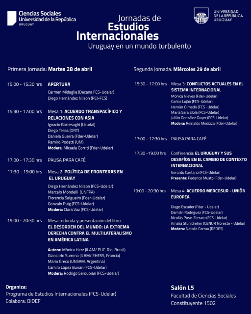 Jornada de Estudios Internacionales: Uruguay en un mundo turbulento. Facultad de Ciencias Sociales, 28 y 29 de abril, salón L5